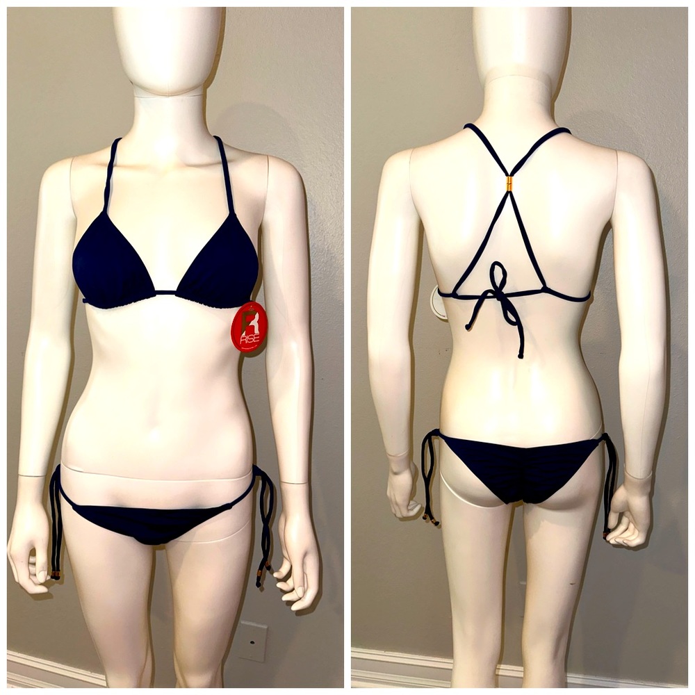 RISE CITY SWIM 👙 navy triangle halter Brazilian scrunch butt tiny bikini M